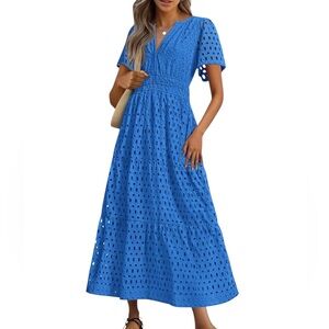 Blue Eyelet Midi Dress Short Sleeve Tiered Vneck dress Size large